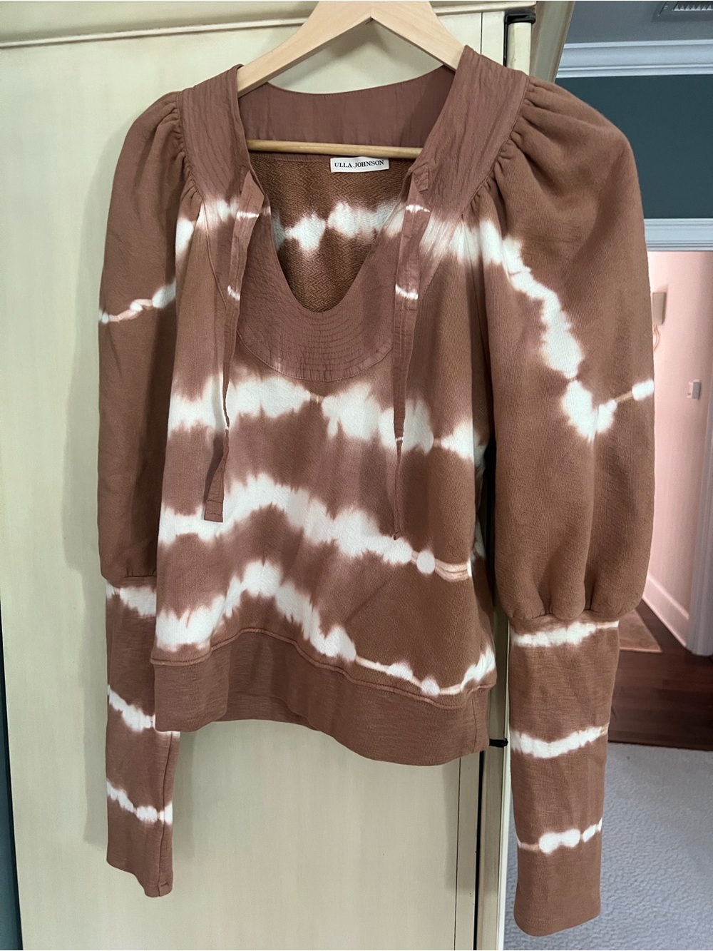 Ulla Johnson Brown and Cream Tie-Dye Puff Sleeve Sweatshirt
